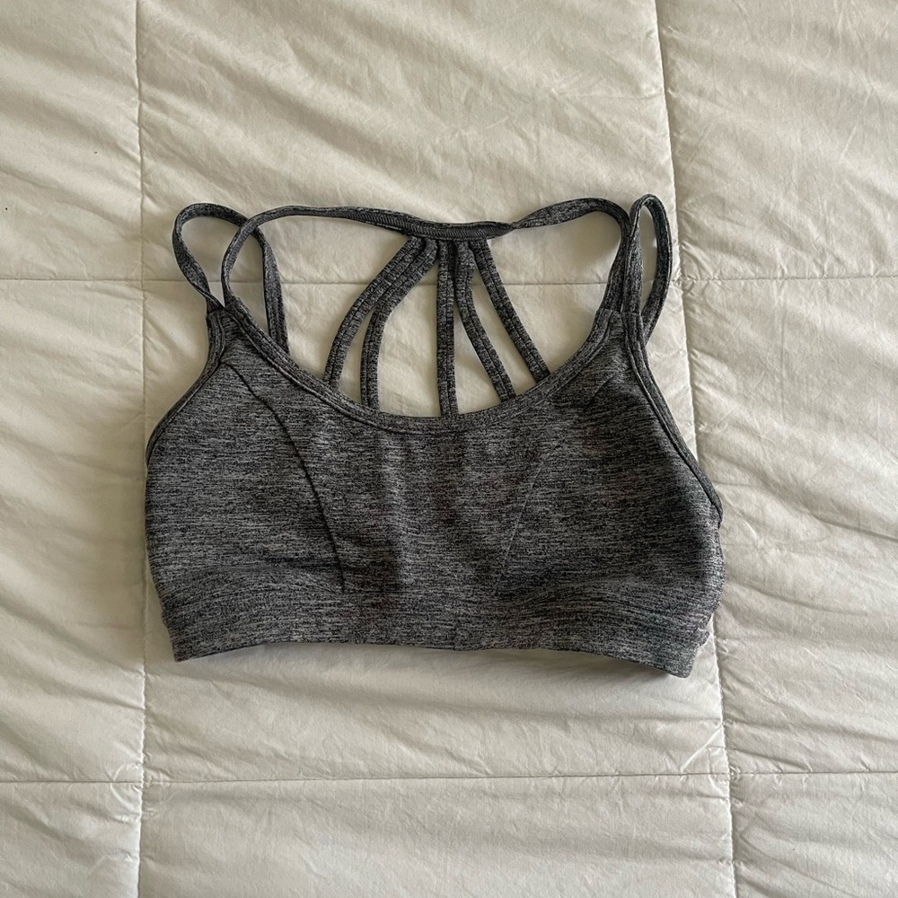 Gray Sports Bra with Strappy Open Back Detail